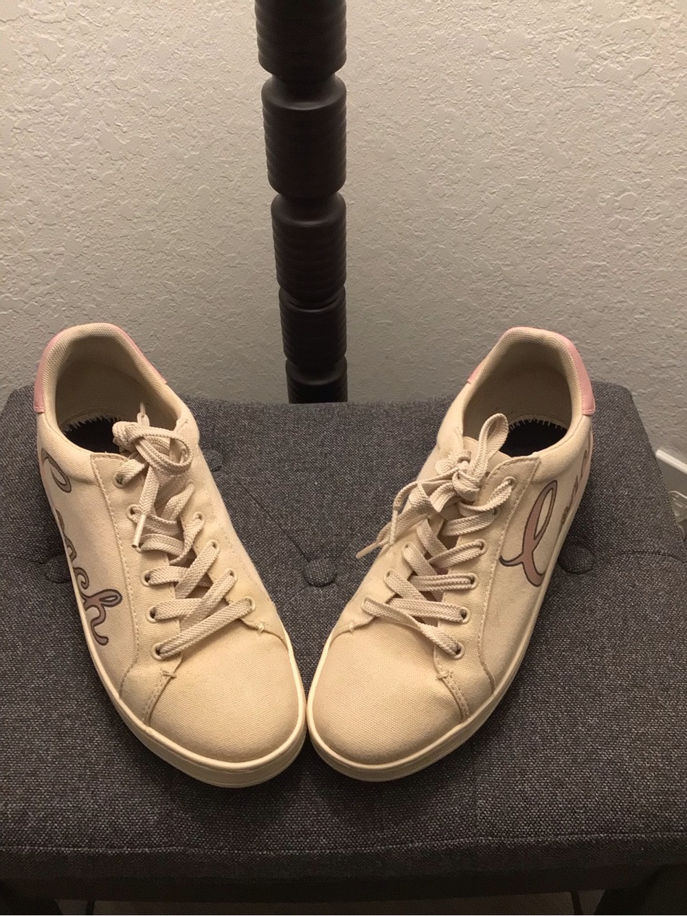 Coach Cream Canvas Sneakers with Pink Script Accents